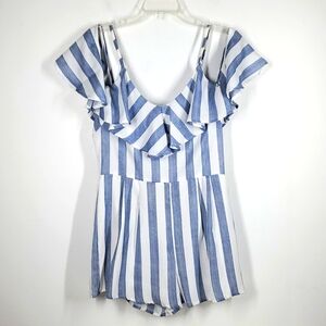 Lulus Blue White Striped Cold Shoulder Romper M NWOT